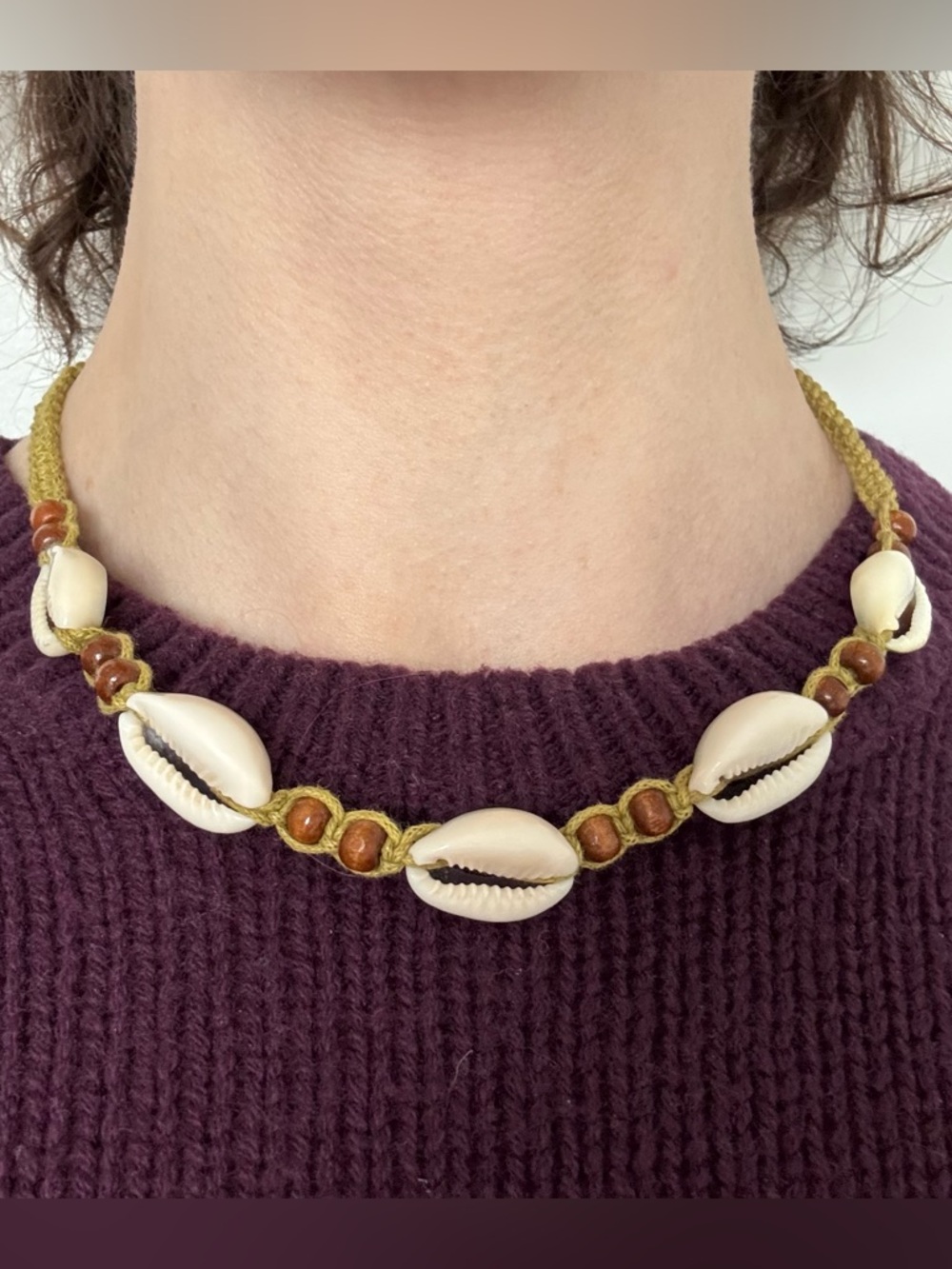 Cowrie Shell Necklace Olive Cord Brown Beads Y2K Vintage Festival Beach Handmade